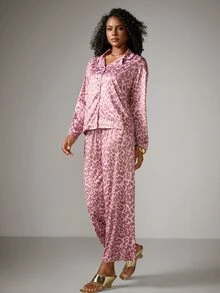 DreamPoppy 2pcs/Set Women's Loose Leopard Print Casual Long Sleeve Top + Casual Long Pants Loungewear Pajama Set - Pink - View 5