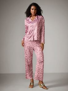 DreamPoppy 2pcs/Set Women's Loose Leopard Print Casual Long Sleeve Top + Casual Long Pants Loungewear Pajama Set - Pink - View 2