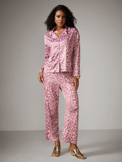 DreamPoppy 2pcs/Set Women's Loose Leopard Print Casual Long Sleeve Top + Casual Long Pants Loungewear Pajama Set