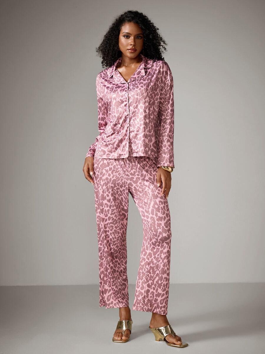 DreamPoppy 2pcs/Set Women's Loose Leopard Print Casual Long Sleeve Top + Casual Long Pants Loungewear Pajama Set