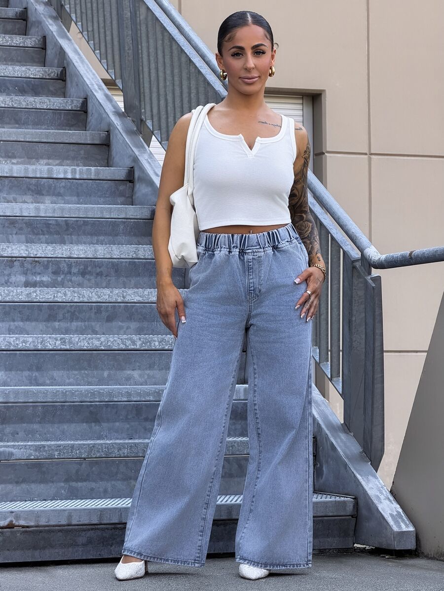 SAYEHFBABY Women's Elastic Waist Wide Leg Loose Casual Denim Pants Occasion Blue Summer Fall - Grey - View 1