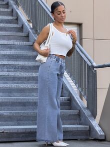 SAYEHFBABY Women's Elastic Waist Wide Leg Loose Casual Denim Pants Occasion Blue Summer Fall - Grey - View 4