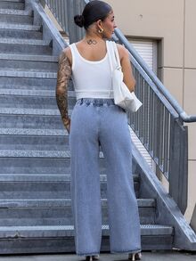 SAYEHFBABY Women's Elastic Waist Wide Leg Loose Casual Denim Pants Occasion Blue Summer Fall - Grey - View 2