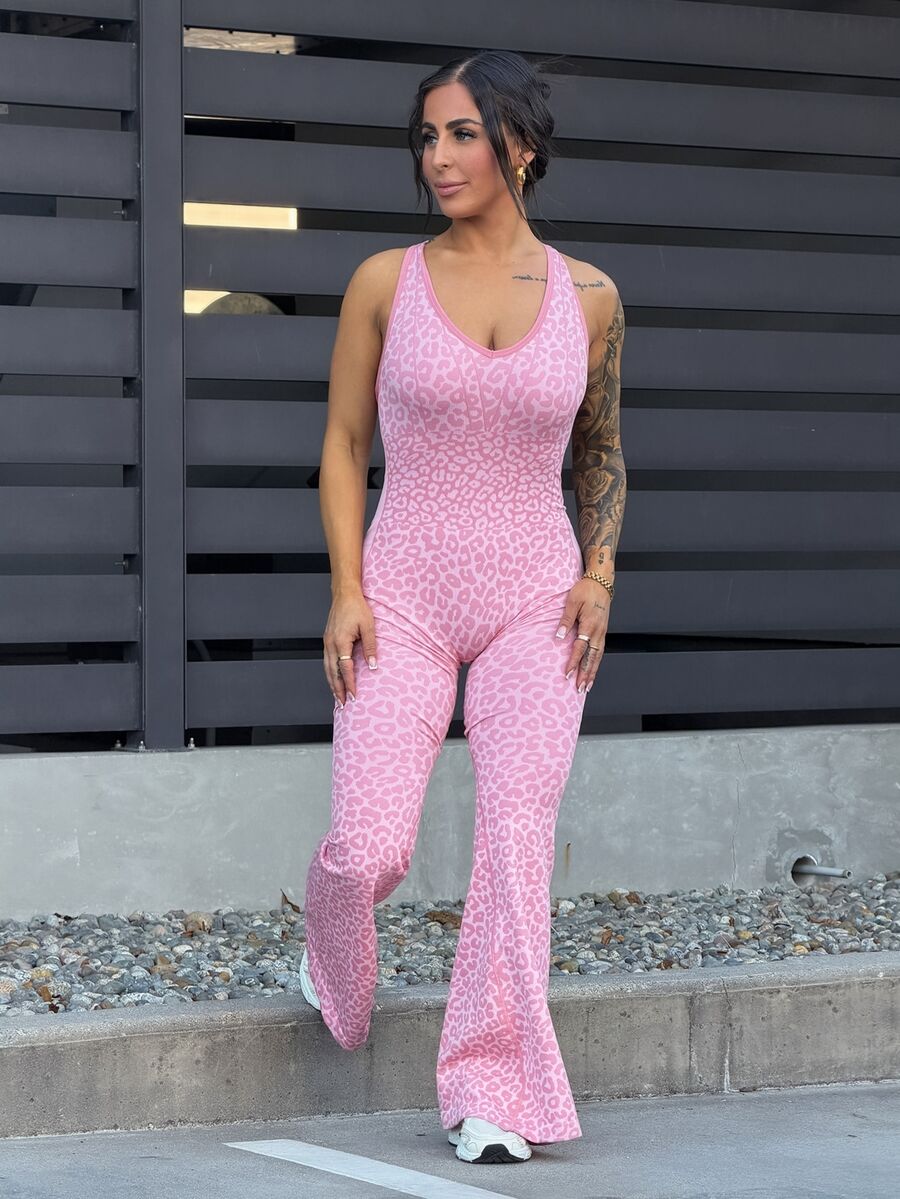 SAYEHFBABY 1pc Leopard Print Twist Back V-Neck Wide Leg Jumpsuit Y2k Glowmode Sports Summer