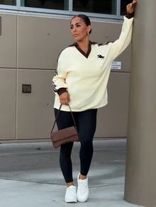 SAYEHFBABY 女款秋冬保暖內裡撞色緞帶刺繡寬鬆 Polo 領運動衫，適合外出、街頭風、Y2K 休閒秋季穿搭 - 黃色 - 查看 5