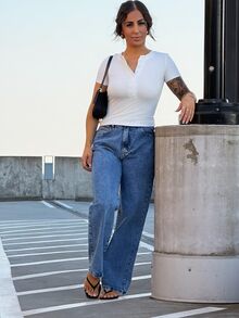 SAYEHFBABY Summer High Waist Straight Leg Jeans Casual Fall - Medium Wash - View 3