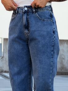 SAYEHFBABY Summer High Waist Straight Leg Jeans Casual Fall - Medium Wash - View 6