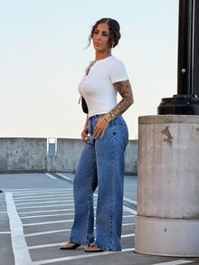 SAYEHFBABY Summer High Waist Straight Leg Jeans Casual Fall - Medium Wash - View 4
