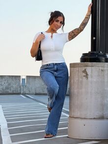SAYEHFBABY Summer High Waist Straight Leg Jeans Casual Fall - Medium Wash - View 1