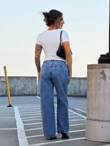 SAYEHFBABY Summer High Waist Straight Leg Jeans Casual Fall - Medium Wash - View 2