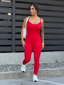 SAYEHFBABY 1件女式交叉后背运动瑜伽连体裤 - 紅色 - 查看 2
