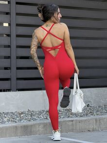 SAYEHFBABY 1件女式交叉后背运动瑜伽连体裤 - 紅色 - 查看 3
