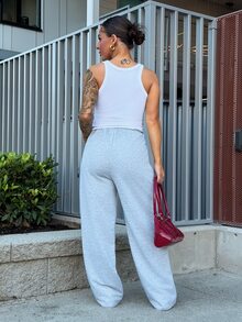 SAYEHFBABY 女款秋季街頭風優雅運動休閒穿搭，灰色圖案寬腿褲，適合外出、機場、健身房、Y2K風格，返校秋季運動休閒裝 - 灰色 - 查看 2