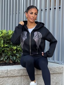 SAYEHFBABY 女款韓式寬鬆亮鑽拉鍊短版運動衫長袖上衣外套休閒黑色 - 黑色 - 查看 3