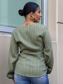 SAYEHFBABY Women's V-Neck Textured Waist Cinching Green Shirt Summer - Green - View 2
