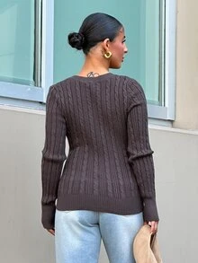 SAYEHFBABY 女款冬季復古學院風 Y2K 日常穿著 外出文藝復興市集 粗針編織棕色長袖 V 領針織衫 秋季 - 咖啡棕 - 查看 2