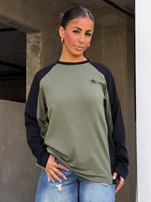 SAYEHFBABY Color Block Short Sleeve Tee With Star Print And Raglan Sleeves Y2k,Fall Clothes Long Sleeve Women Tops Casual Vacation - Army Green - View 3
