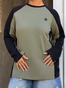 SAYEHFBABY Color Block Short Sleeve Tee With Star Print And Raglan Sleeves Y2k,Fall Clothes Long Sleeve Women Tops Casual Vacation - Army Green - View 6