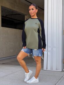 SAYEHFBABY Color Block Short Sleeve Tee With Star Print And Raglan Sleeves Y2k,Fall Clothes Long Sleeve Women Tops Casual Vacation - Army Green - View 4