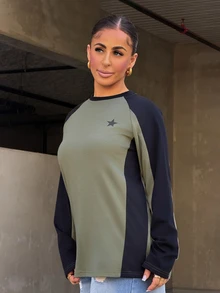 SAYEHFBABY Color Block Short Sleeve Tee With Star Print And Raglan Sleeves Y2k,Fall Clothes Long Sleeve Women Tops Casual Vacation - Army Green - View 5
