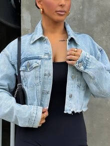 SAYEHFBABY Jaket Denim Pendek dengan Detail Usang Kasual - Light Wash - View 6