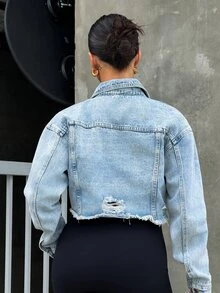 SAYEHFBABY Jaket Denim Pendek dengan Detail Usang Kasual - Light Wash - View 2