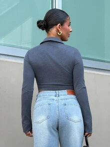 SAYEHFBABY Asymmetrical Hem Ribbed Knit T-Shirt With Button Details Casual - Grey - View 2