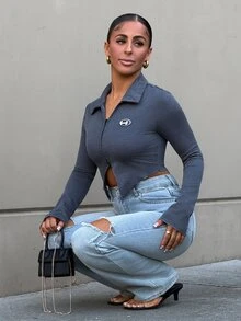 SAYEHFBABY Asymmetrical Hem Ribbed Knit T-Shirt With Button Details Casual - Grey - View 5