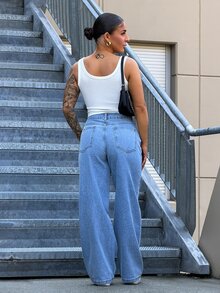 SAYEHFBABY Slant Pocket Straight Leg Jeans Casual Fall - Light Wash - View 2