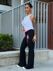 SAYEHFBABY Celana Panjang Wanita Model Flare Leg dengan Motif Blok Warna & Grafis Gaya Punk, Cocok untuk Musim Gugur, Warna Hitam - Hitam - View 4