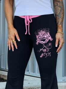 SAYEHFBABY Celana Panjang Wanita Model Flare Leg dengan Motif Blok Warna & Grafis Gaya Punk, Cocok untuk Musim Gugur, Warna Hitam - Hitam - View 5