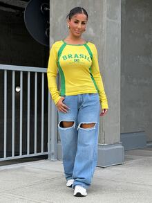 SAYEHFBABY Casual Minimalist Yellow-Green Contrast Color Raglan Sleeve T-Shirt, Suitable For Summer - Multicolor - View 4