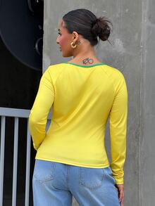 SAYEHFBABY Casual Minimalist Yellow-Green Contrast Color Raglan Sleeve T-Shirt, Suitable For Summer - Multicolor - View 2