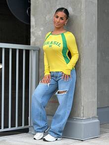 SAYEHFBABY Casual Minimalist Yellow-Green Contrast Color Raglan Sleeve T-Shirt, Suitable For Summer - Multicolor - View 1