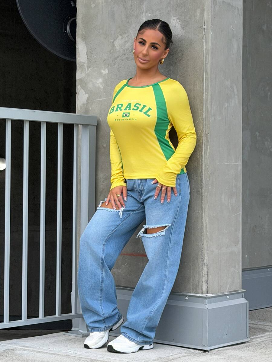 SAYEHFBABY Casual Minimalist Yellow-Green Contrast Color Raglan Sleeve T-Shirt, Suitable For Summer - Multicolor - View 1