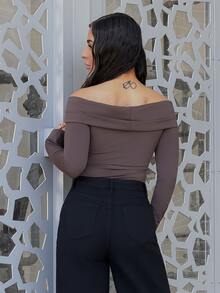 SAYEHFBABY 1 buah Bodysuit Wanita Seksi Lengan Panjang Tanpa Bahu dengan Detail Lilitan - Coklat - View 2