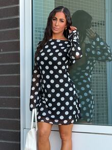 SAYEHFBABY Women Polka Dot Backless Mesh Mini Dress With Flare Sleeves Elegant Party - Multicolor - View 7