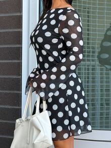 SAYEHFBABY Women Polka Dot Backless Mesh Mini Dress With Flare Sleeves Elegant Party - Multicolor - View 5