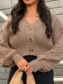 SAYEHFBABY Cable Knit Drop Shoulder Cardigan,Long Sleeve Tops Fall Winter Cloth For Women - Khaki - View 3