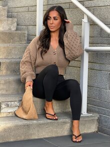 SAYEHFBABY Cable Knit Drop Shoulder Cardigan,Long Sleeve Tops Fall Winter Cloth For Women - Khaki - View 5