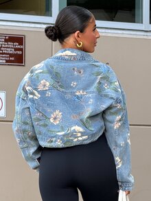 SAYEHFBABY Jaket Denim Wanita Motif Bunga Terbuka di Bagian Depan Gaya Y2k Kasual untuk Liburan - Medium Wash - View 2