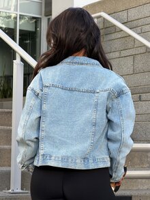 SAYEHFBABY 休閒落肩翻蓋口袋牛仔夾克 - 淺色水洗藍 - 查看 2