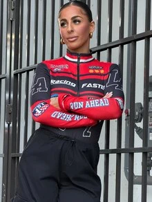 SAYEHFBABY Women's Black And Red Motorcycle Racing Print Long Sleeve Mock Neck Tight Bodysuit,College Style Letter Numeric Pattern Winter Cow Boy Night Out Fall - Multicolor - View 1