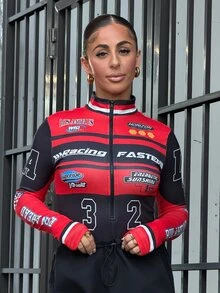 SAYEHFBABY Women's Black And Red Motorcycle Racing Print Long Sleeve Mock Neck Tight Bodysuit,College Style Letter Numeric Pattern Winter Cow Boy Night Out Fall - Multicolor - View 3