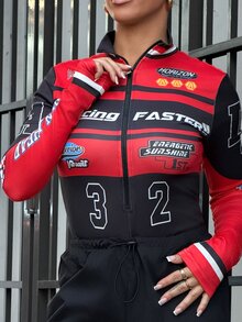 SAYEHFBABY Women's Black And Red Motorcycle Racing Print Long Sleeve Mock Neck Tight Bodysuit,College Style Letter Numeric Pattern Winter Cow Boy Night Out Fall - Multicolor - View 5