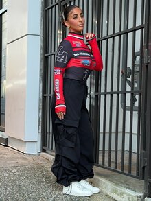 SAYEHFBABY Women's Black And Red Motorcycle Racing Print Long Sleeve Mock Neck Tight Bodysuit,College Style Letter Numeric Pattern Winter Cow Boy Night Out Fall - Multicolor - View 4