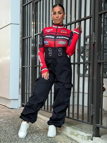 SAYEHFBABY Women's Black And Red Motorcycle Racing Print Long Sleeve Mock Neck Tight Bodysuit,College Style Letter Numeric Pattern Winter Cow Boy Night Out Fall - Multicolor - View 6