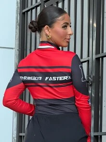 SAYEHFBABY Women's Black And Red Motorcycle Racing Print Long Sleeve Mock Neck Tight Bodysuit,College Style Letter Numeric Pattern Winter Cow Boy Night Out Fall - Multicolor - View 2