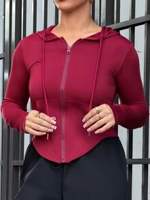 SAYEHFBABY 女款抽繩連帽前口袋修身短版長袖運動衫，長袖上衣拉鍊夾克連帽衫休閒款 - 酒紅色 - 查看 5