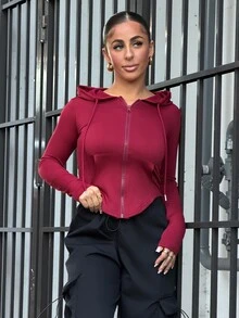SAYEHFBABY 女款抽繩連帽前口袋修身短版長袖運動衫，長袖上衣拉鍊夾克連帽衫休閒款 - 酒紅色 - 查看 1